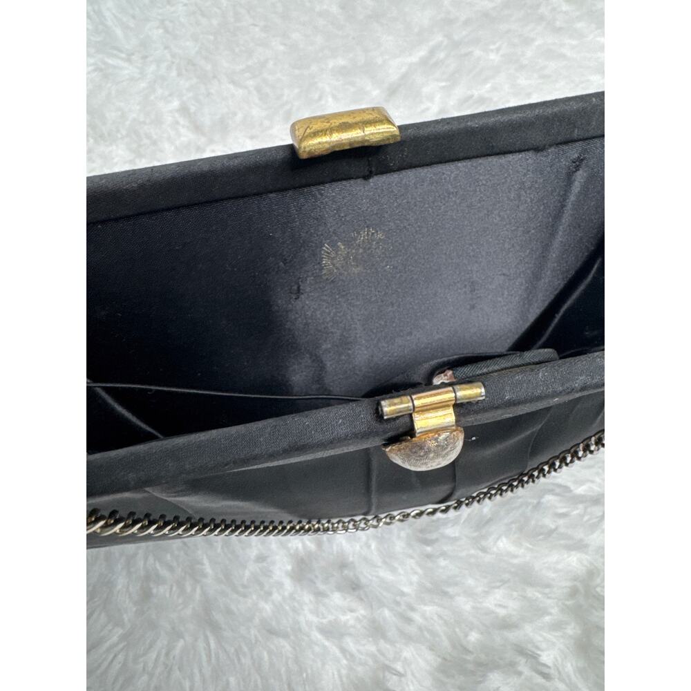 1950s After Five Black Satin Evening Clutch Rhinestone Clasp Coin Purse USA - Picture 9 of 12
